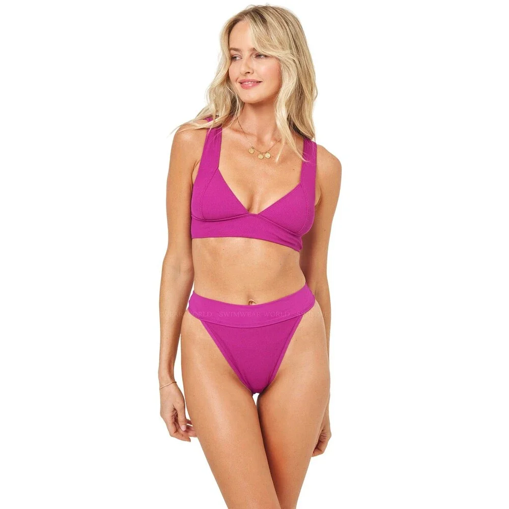 L*Space Hailey Bikini Top Women's Large Berry Stretch Ribbed Swimwear GBO2964